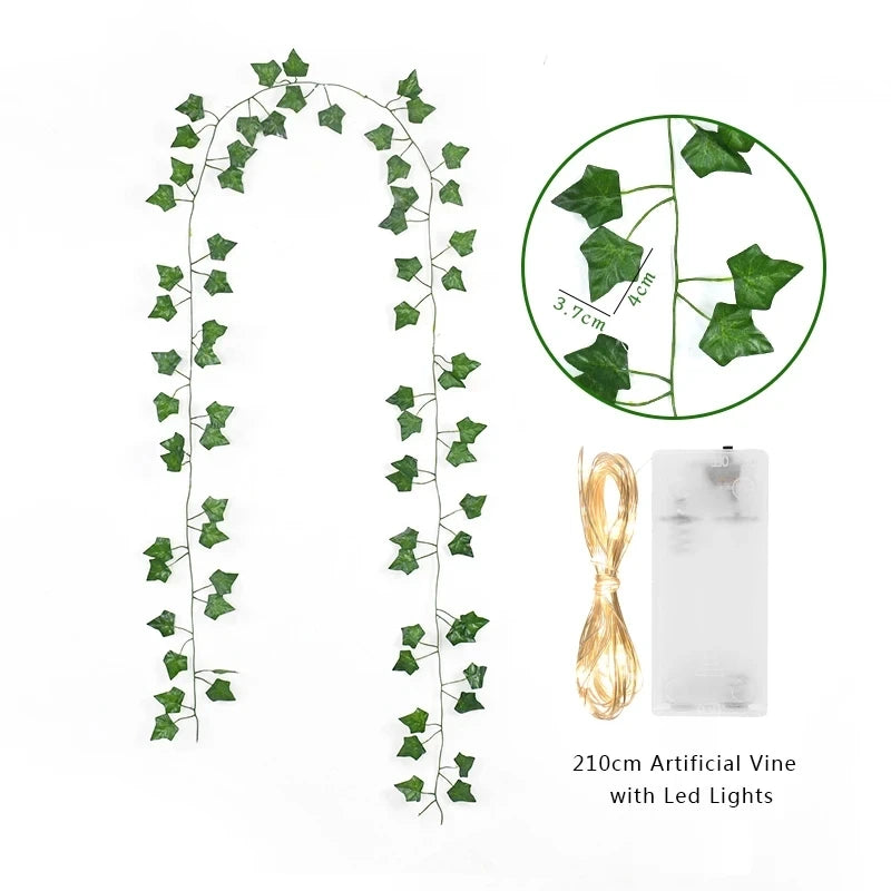 2 Meters LED light string Artificial Green Vine Home christmas Wedding Bridal garden Hanging green plants party DIY Decoration