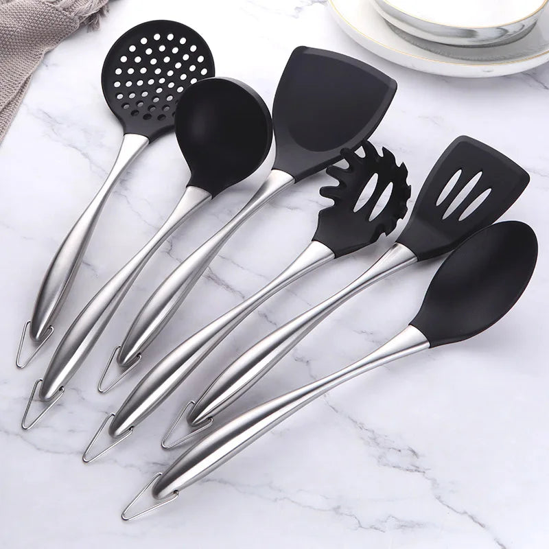 1-7PCS Cooking Tools Set Soup Scoop Slotted Spoon Turner Ladle Stainless Steel with Silicone Head Hanging Kitchen Server Pot