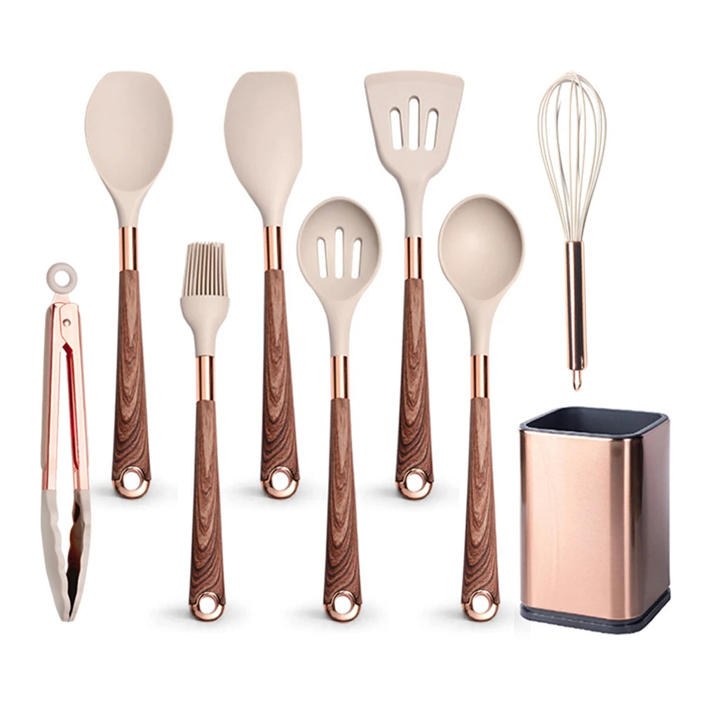 Gold Plated Handle Silicone Cooking Utensils Set Kitchen Non-stick Tool Gadgets BPA FREE Kitchenware Heat Resistant Spatula Set