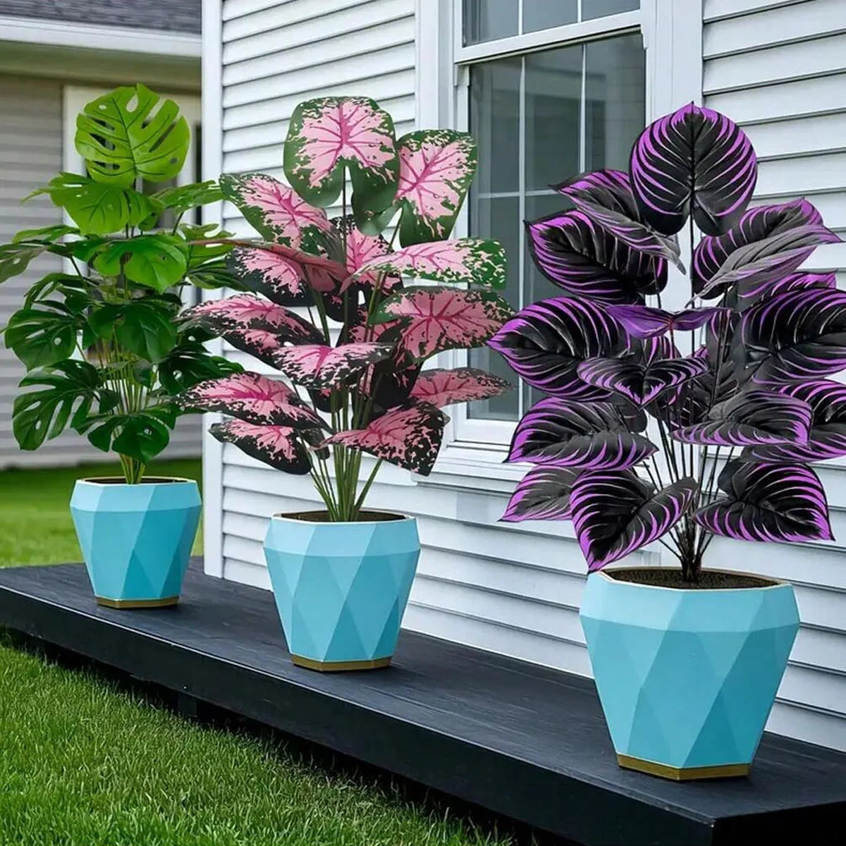 3pcs Outdoor Large Artificial Green Plant Set with 36 Leaves Suitable Designed Tropical Rainforest Landscapes for Home Garden