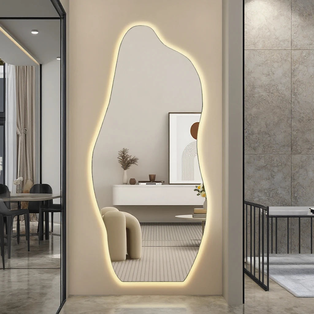 Customized Full Length Floor Mirror Decorative Hanging Living Room Mirror Wavy Shape Anti-Fog Smart Led Nordic Mirror