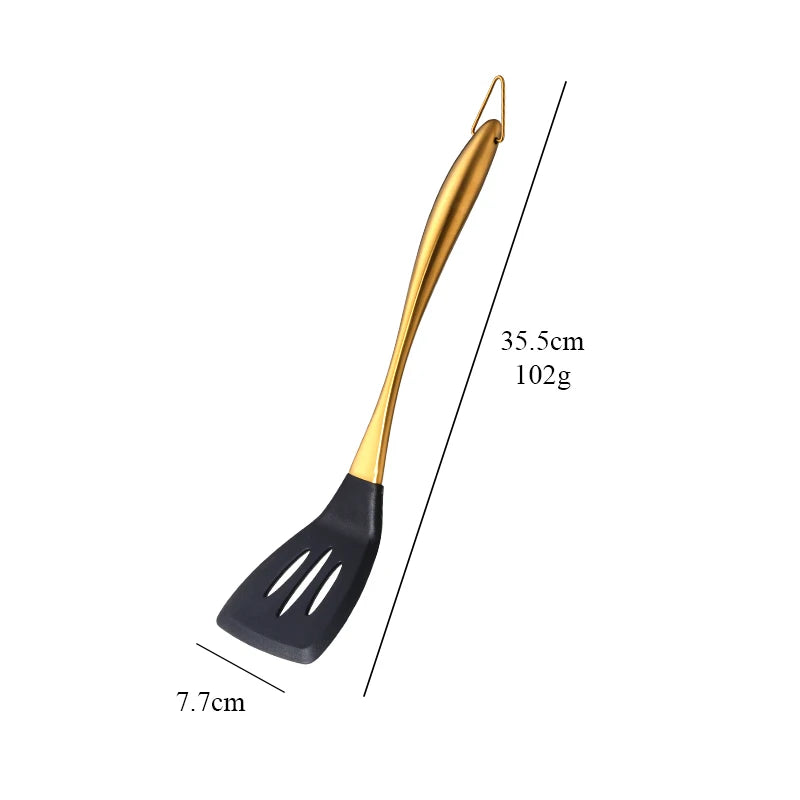 1-7PCS Cooking Tools Set Soup Scoop Slotted Spoon Turner Ladle Stainless Steel with Silicone Head Hanging Kitchen Server Pot