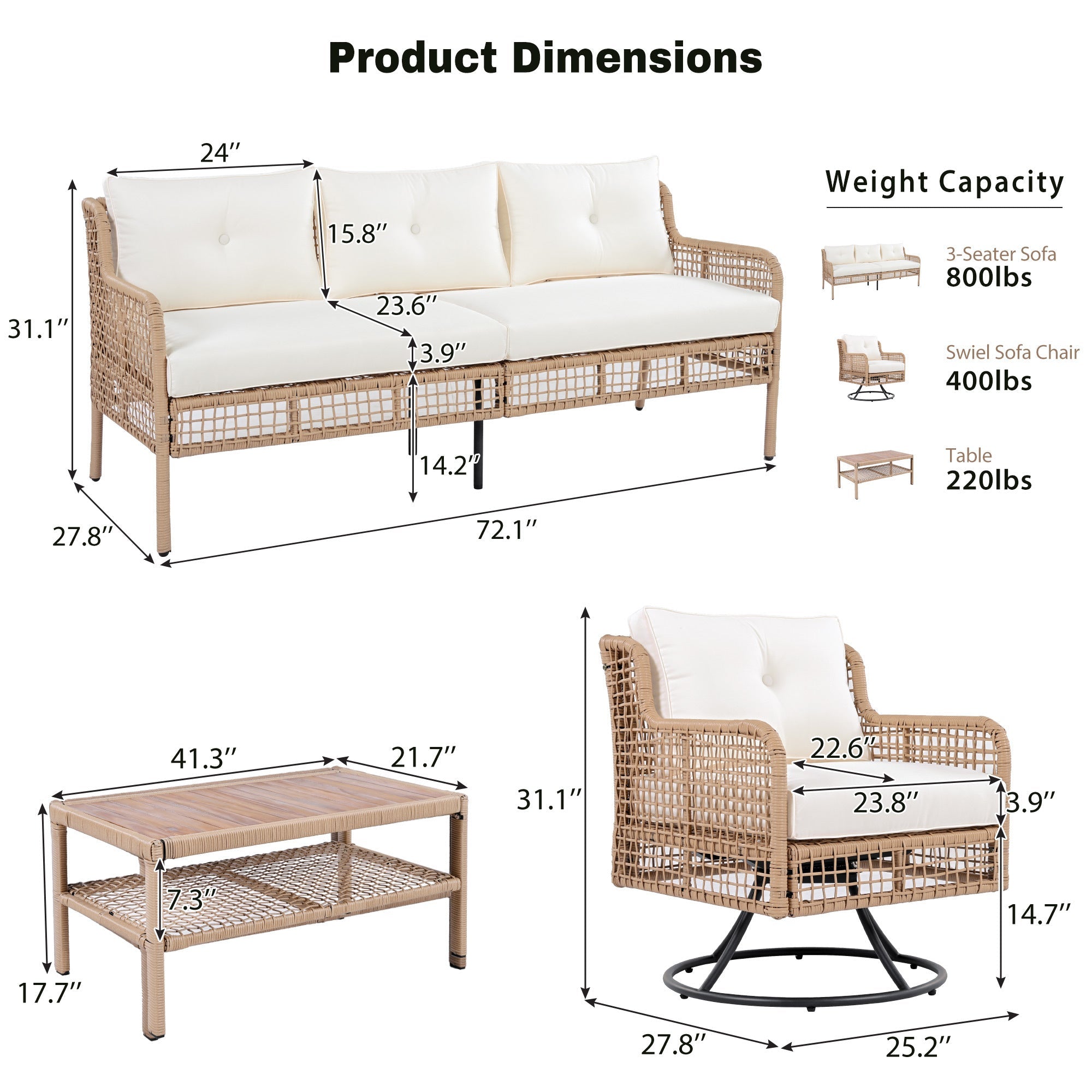 4 Pieces Patio Furniture Set with Swivel Chairs, Outdoor Wicker Sofas SHIPPING ONLY IN USA