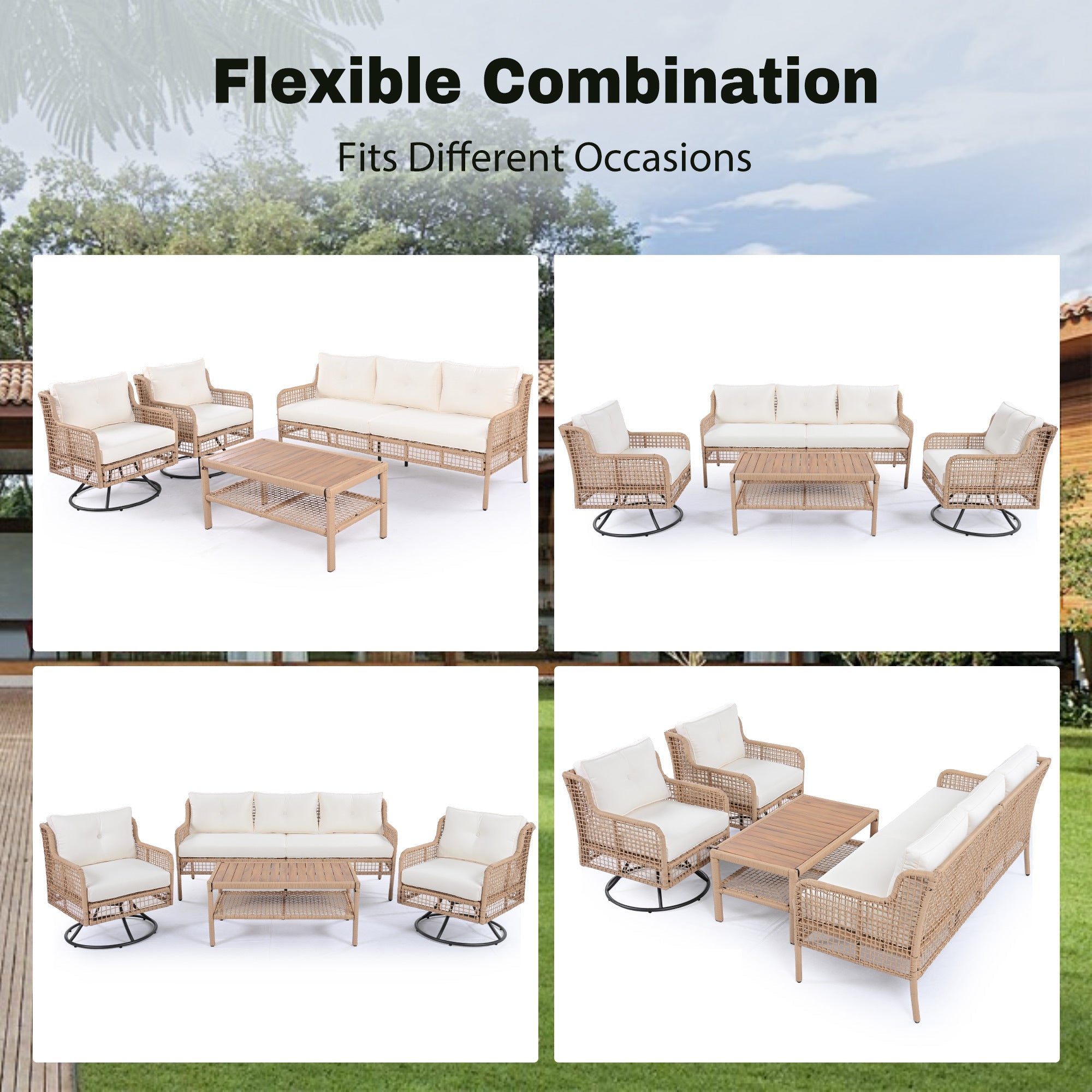 4 Pieces Patio Furniture Set with Swivel Chairs, Outdoor Wicker Sofas SHIPPING ONLY IN USA