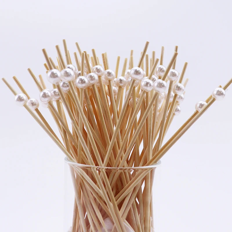 100Pcs White Pearl Bamboo Food Fruit Picks Wedding Party Disposable Cake Dessert Cocktail Sticks Buffet Cupcake Toothpick Skewer