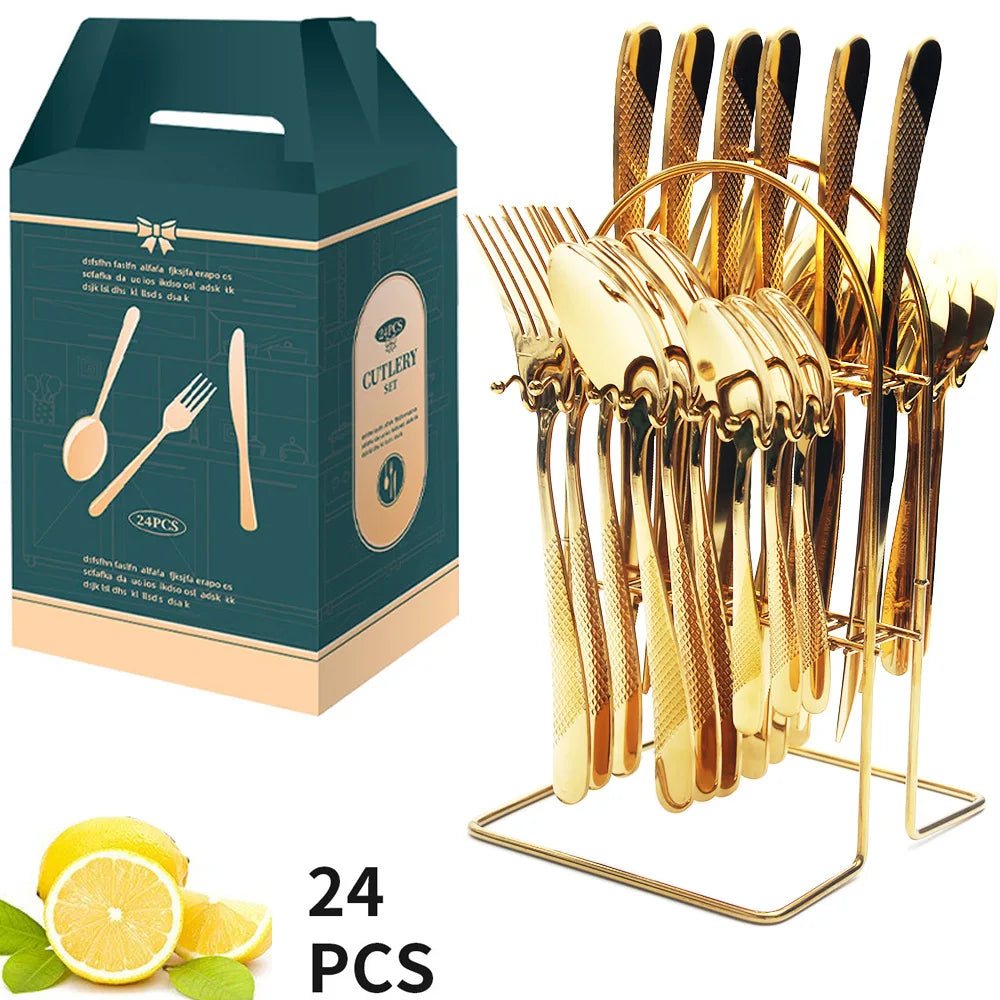 24 Pcs Stainless Steel Cutlery Hammer Pattern Ceramic Handle Knife Fork Spoon Set cutlery set travel cutlery set flatware set