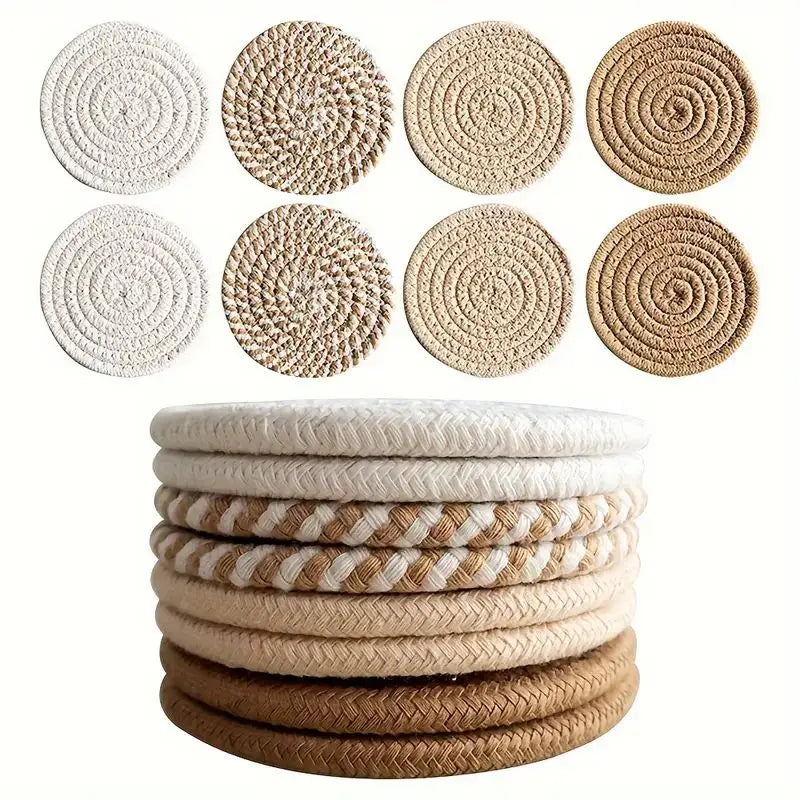 8-Piece Set Absorbent Coasters for Drinks, Minimalist Cotton Woven Coasters Coffee Table Decor Boho Cute Cup Coasters