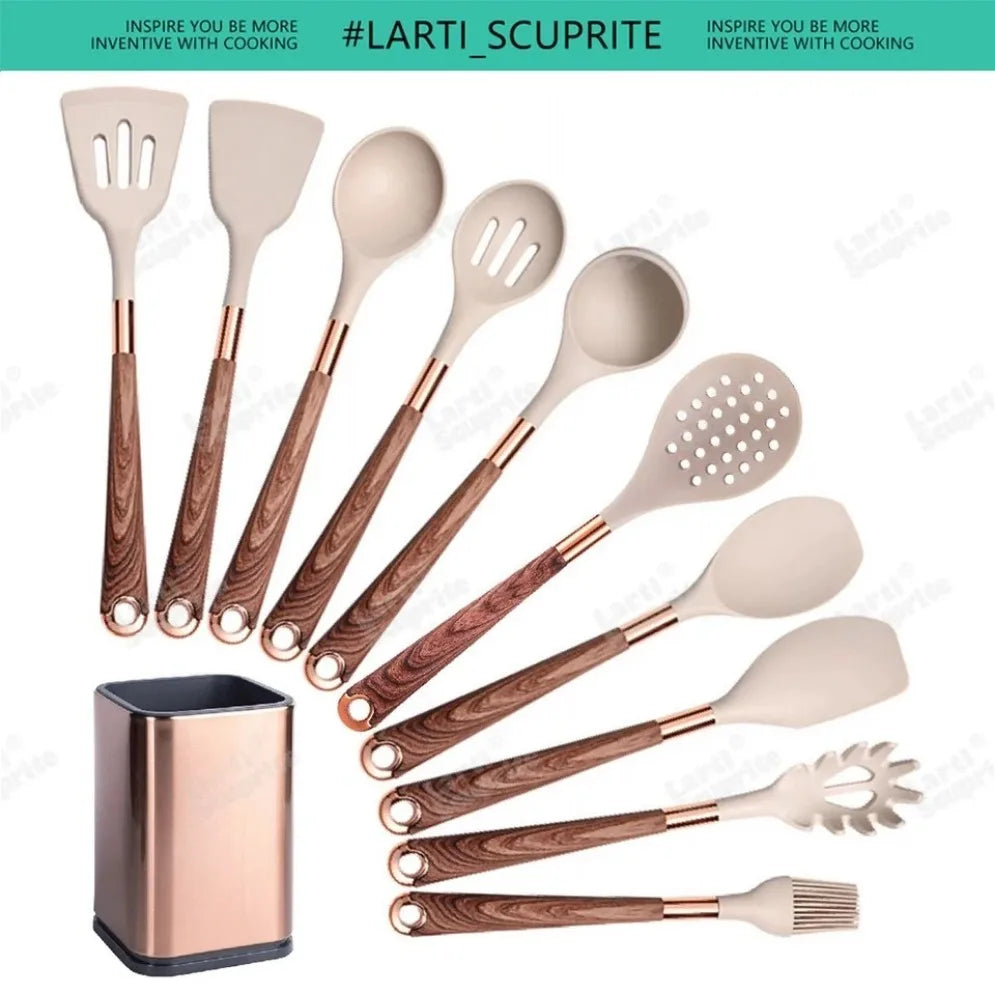 Gold Plated Handle Silicone Cooking Utensils Set Kitchen Non-stick Tool Gadgets BPA FREE Kitchenware Heat Resistant Spatula Set