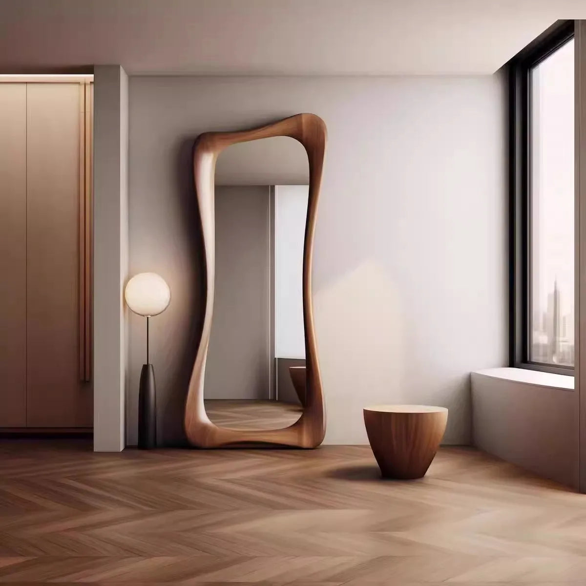French Light Luxury Decorative Mirror Outfit Shop Full-length Mirror Retro Art Style Walnut Wood Irregular Frame Mirror 60x160cm