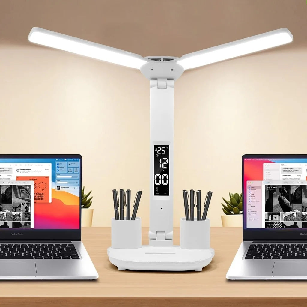 LED Table Lamp USB Chargeable Dimmable Clock Desk Lamps 2 Heads 180 Rotate Foldable Eye Protection Desktop Reading Night Lights