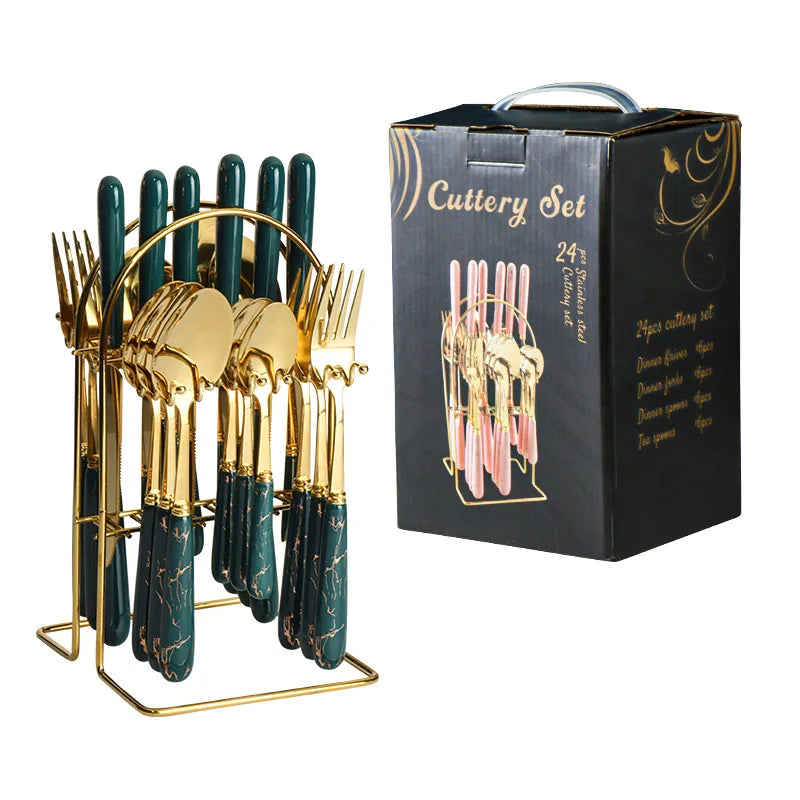 24 Pcs Stainless Steel Cutlery Hammer Pattern Ceramic Handle Knife Fork Spoon Set cutlery set travel cutlery set flatware set