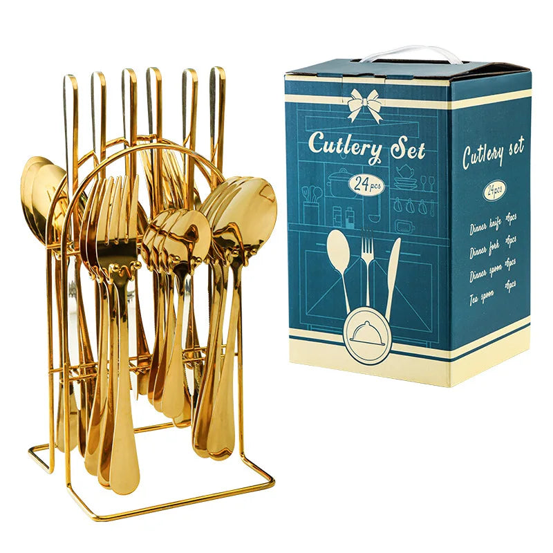 24 Pcs Stainless Steel Cutlery Hammer Pattern Ceramic Handle Knife Fork Spoon Set cutlery set travel cutlery set flatware set