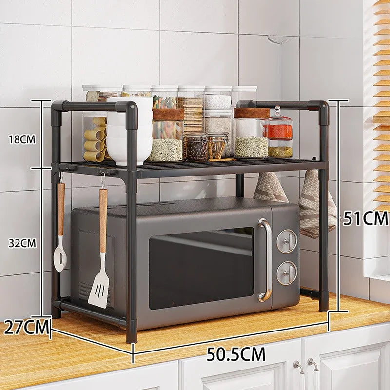 Kitchen Storage Rack Shelf Organizer for Microwave Oven Toaster Spice Bottles with Hooks Adjustable Stand for Home Dining Room