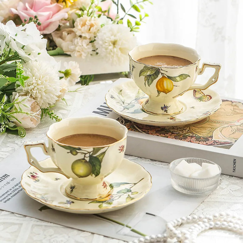 Vintage European-style Coffee Mug Afternoon Tea Set Tape Disc Teapot Kettle Lemon Pattern Porcelain Handle Cup Mugs Coffee Cups