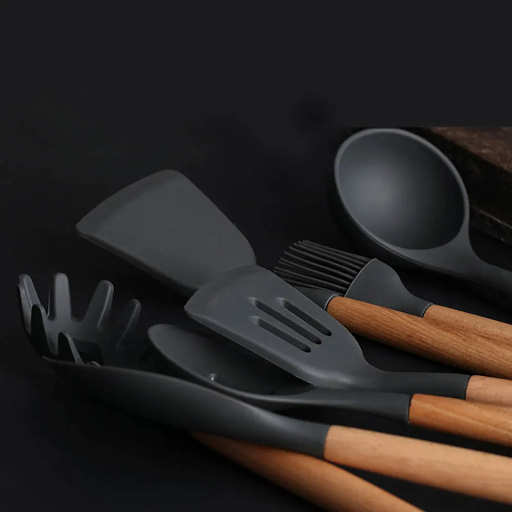 Silicone world Cooking Kitchenware Tool Silicone Utensils With Wooden Multifunction Handle Non-Stick Spatula  Spoon Brush