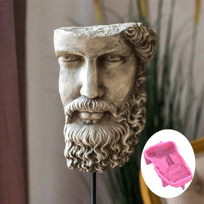 Large Greek Half Head Sculpture Silicone Candle Mold Abstract Art Half Face Beard Man Statue Silicone Mould Tabletop Ornament