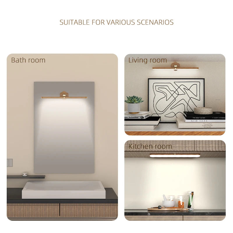 Wooden LED Night Light Mirror Front Fill Light Portable Rechargeable Magnetic Wall Lamp For Bedroom Bedside Lamp Touch switch