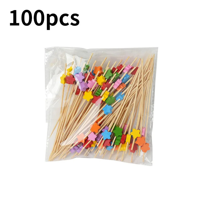 100pcs Disposable Bamboo Food Fruit Toothpick Salad  Cake Dessert Fork Stick for Wedding Birthday Party Decor Cocktail Toothpick