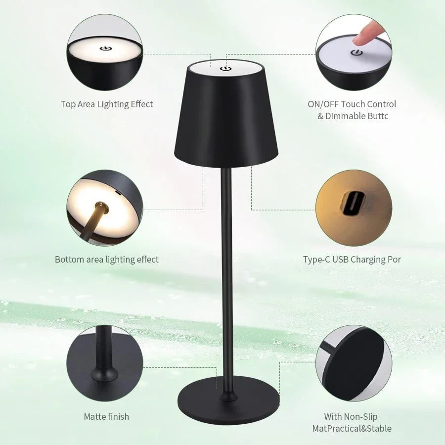 Decorative Rechargeable Led Table Lamp with Touch Switch Wireless 3 Levels Dimmable Light Colors for Office Desk Reading Bedroom
