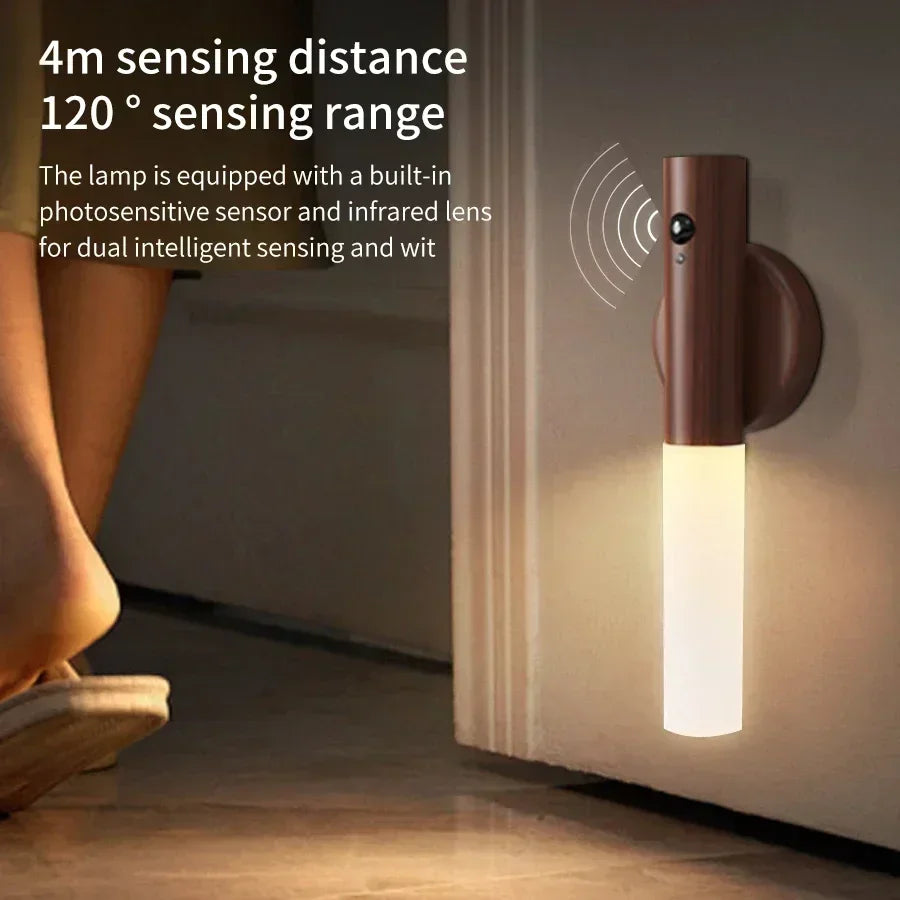 Wood-Style Rechargeable LED Wall Light with Motion Sensor Ideal Portable Plastic Lantern for Bedroom Bedside Stairs and Hallway