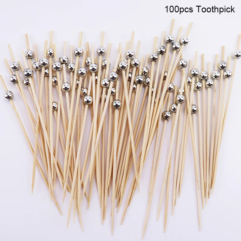 100Pcs White Pearl Bamboo Food Fruit Picks Wedding Party Disposable Cake Dessert Cocktail Sticks Buffet Cupcake Toothpick Skewer