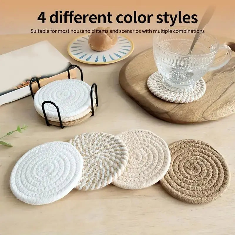 8-Piece Set Absorbent Coasters for Drinks, Minimalist Cotton Woven Coasters Coffee Table Decor Boho Cute Cup Coasters