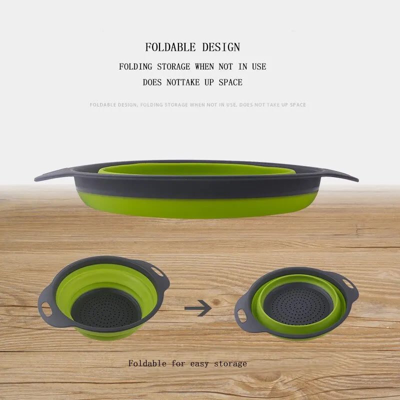 Creative Green Silicone Round Folding Vegetable Fruits Washing Drain Basket Colander Strainer Collapsible Drainer Kitchen Tool