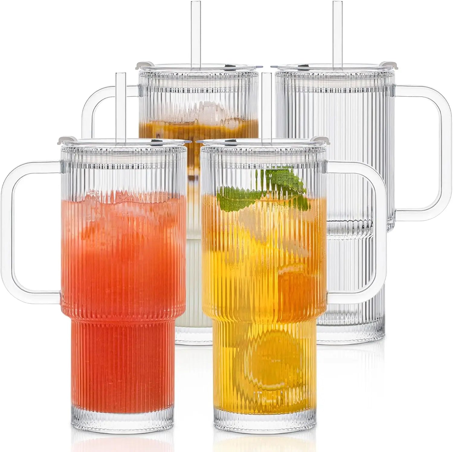 760ML Ribbed Glass Tumbler with Handle Lid 1/2/4PCS Large Iced Coffee Cups with Straws Modern Glass Mug for Cold & Hot Beverages