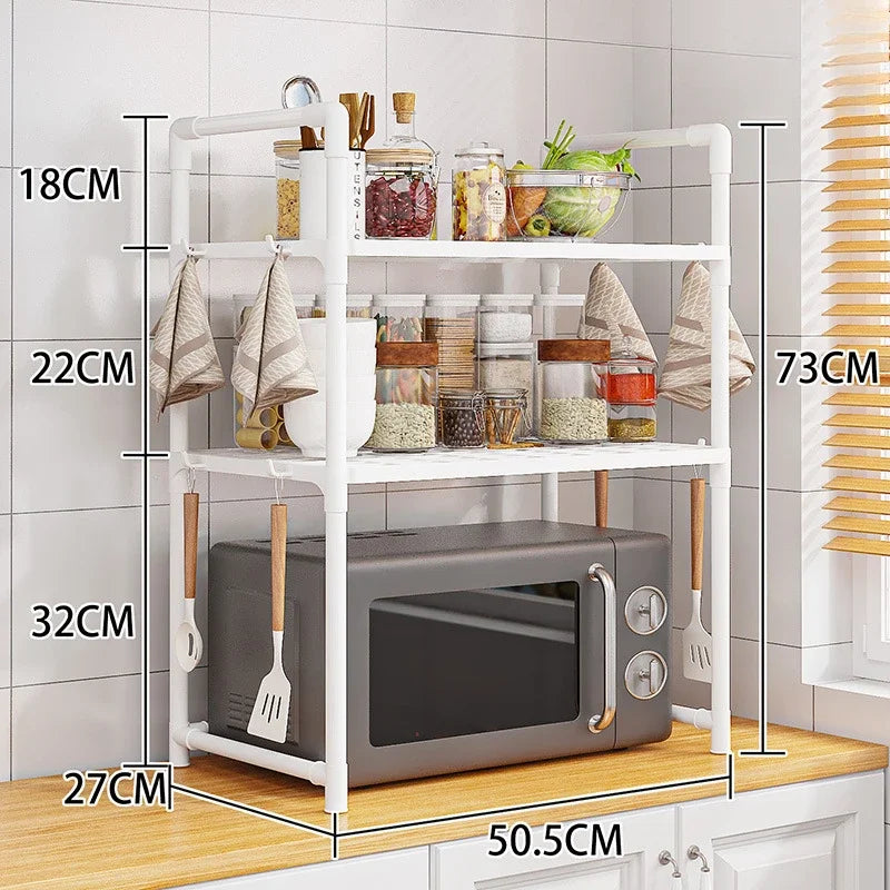 Kitchen Storage Rack Shelf Organizer for Microwave Oven Toaster Spice Bottles with Hooks Adjustable Stand for Home Dining Room