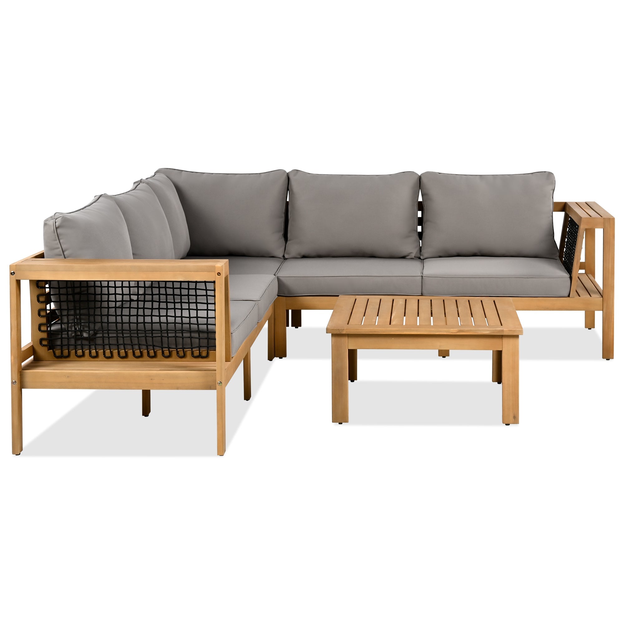 4 Pieces Outdoor Acacia Wood Sofa Set, Woven Mesh Armrests, L-Shaped SHIPPING ONLY IN USA