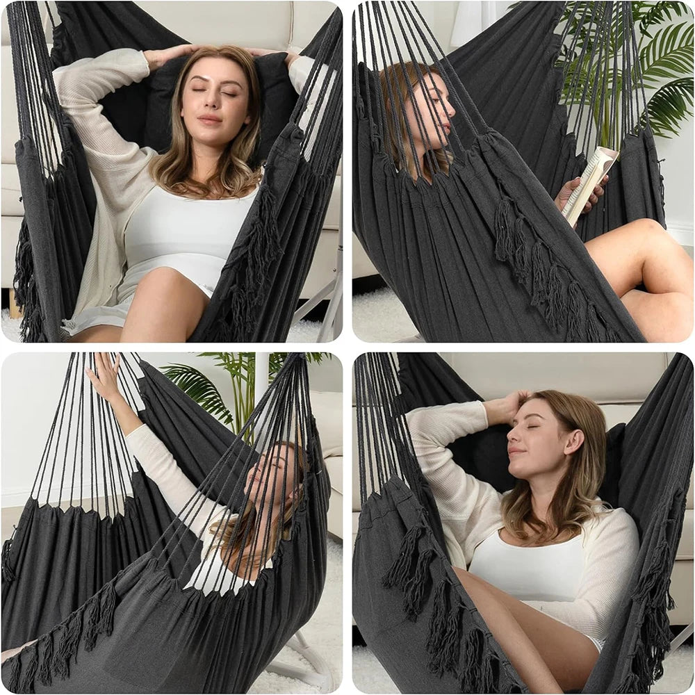 Macrame Hanging Chair with 2 Pillows | 500lb Capacity Cotton Rope Swing | Pocket Design Indoor/Outdoor Use