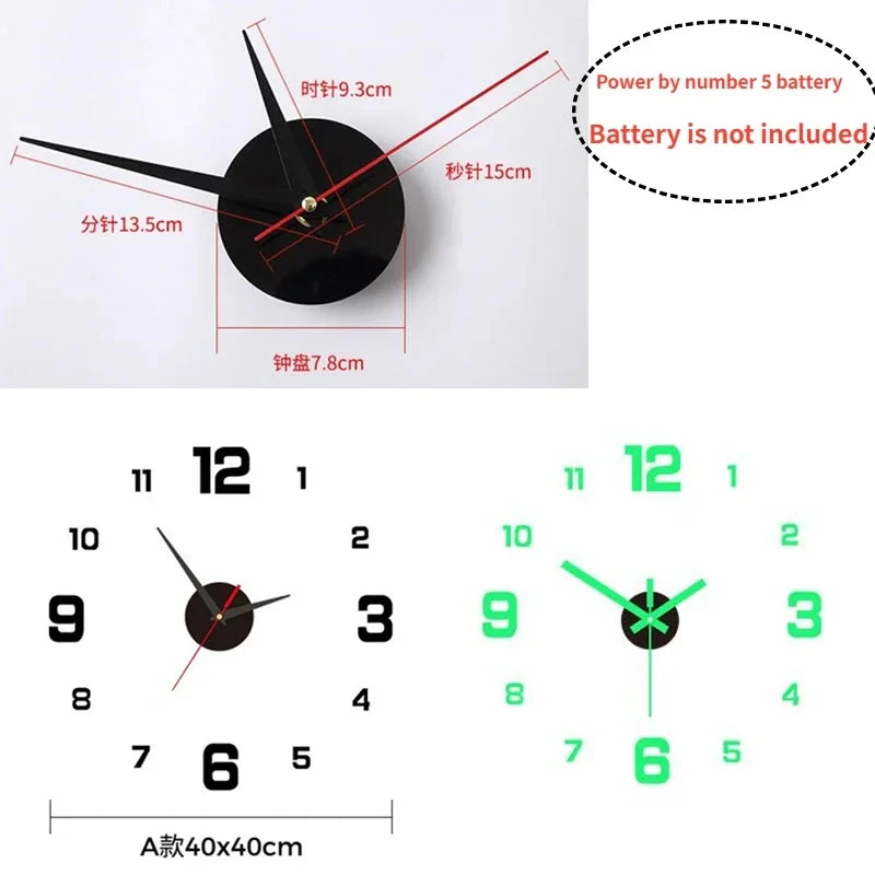 Creative minimalist glowing clock no-drill frameless silent hanging clock living room bedroom wall sticker decoration clock