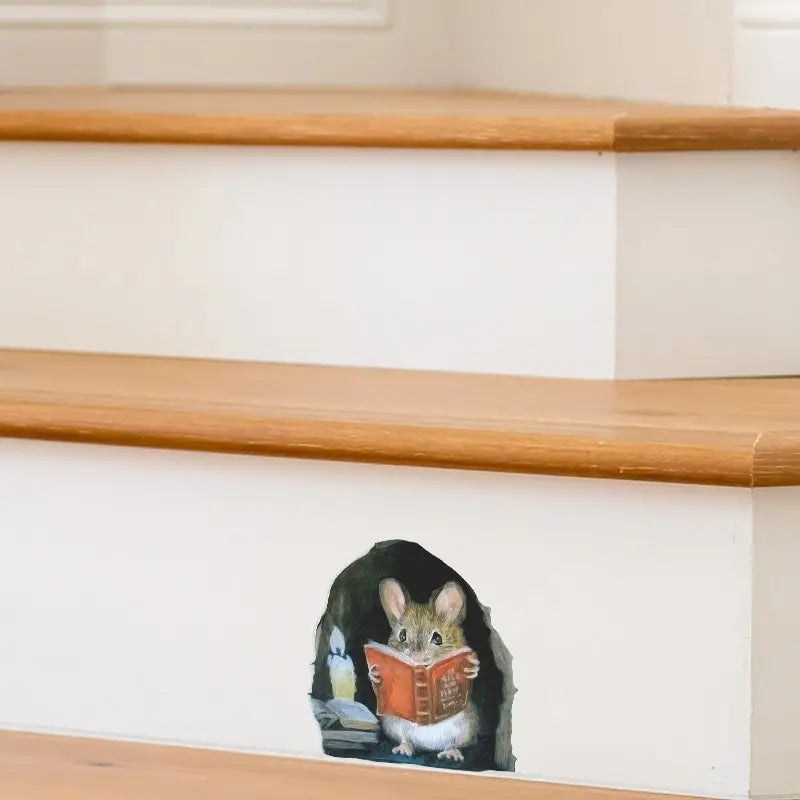 3PC Realistic Reading Mouse Hole Stickers for Corner Stairs Funny Room Decor Pvc Wallpaper for Home Decoration Wall Decal