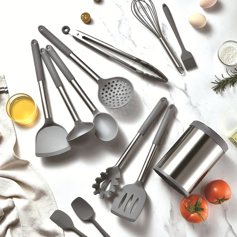 12PCS 360 Degree Rotating Base Cooking Tool Sets Non-toxic Baking Kitchen Utensils Silicone Shovel Spoon Scraper Brush Turner