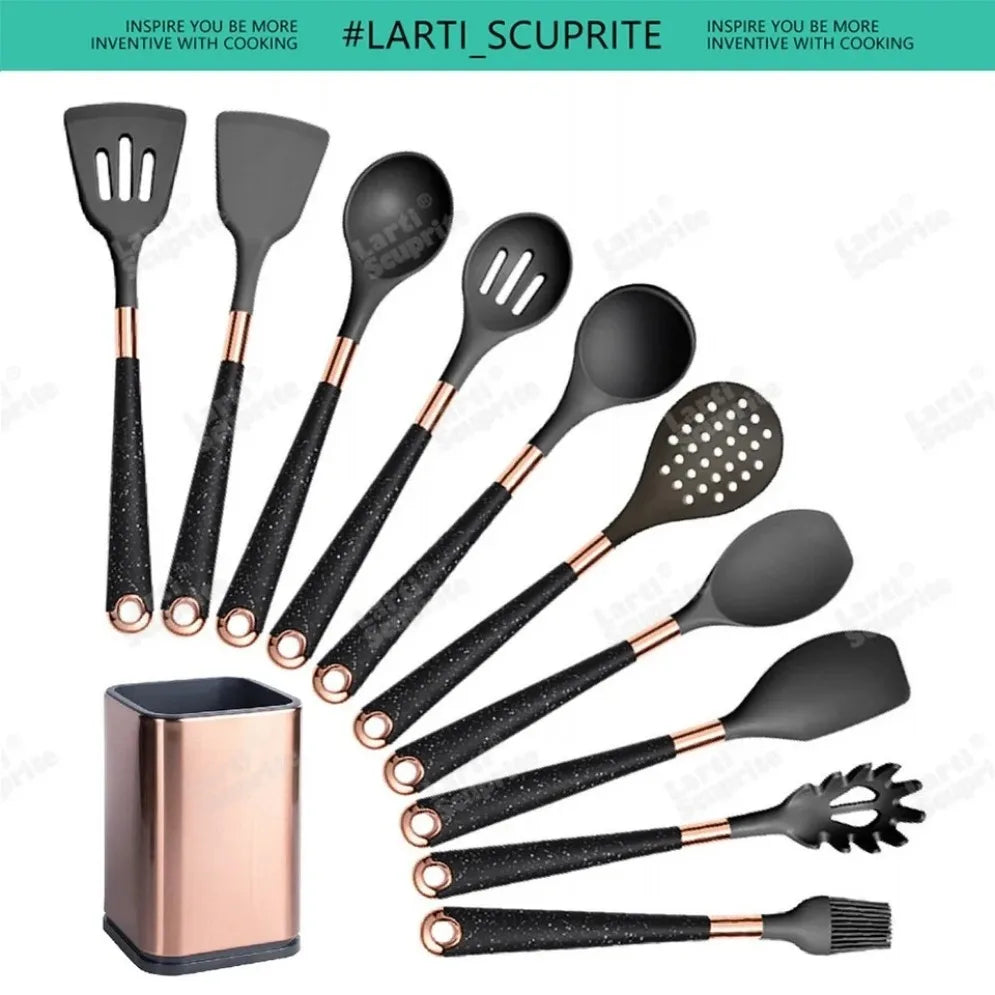 Gold Plated Handle Silicone Cooking Utensils Set Kitchen Non-stick Tool Gadgets BPA FREE Kitchenware Heat Resistant Spatula Set
