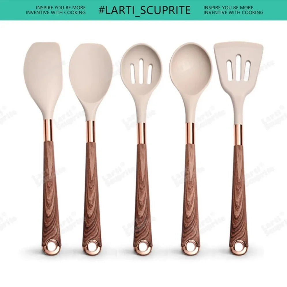 Gold Plated Handle Silicone Cooking Utensils Set Kitchen Non-stick Tool Gadgets BPA FREE Kitchenware Heat Resistant Spatula Set