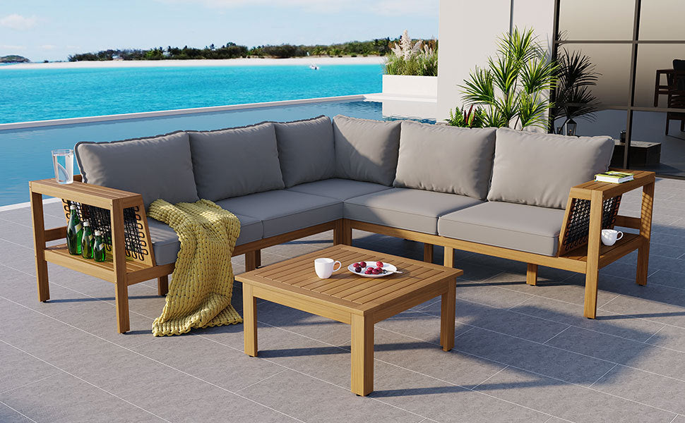 4 Pieces Outdoor Acacia Wood Sofa Set, Woven Mesh Armrests, L-Shaped SHIPPING ONLY IN USA