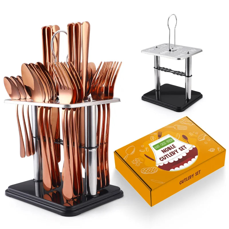 24 Pcs Stainless Steel Cutlery Hammer Pattern Ceramic Handle Knife Fork Spoon Set cutlery set travel cutlery set flatware set