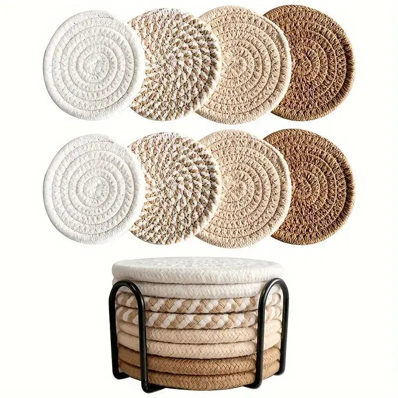 8-Piece Set Absorbent Coasters for Drinks, Minimalist Cotton Woven Coasters Coffee Table Decor Boho Cute Cup Coasters