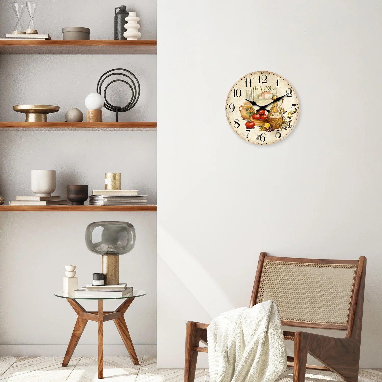 Retro Provence Olive Oil and Tomato Pattern Wooden Wall Clock Living Room Bedroom Kitchen Home Decoration Wall Clock Silent Quartz Clock Holiday Gift 10 Inches 12 Inches 14 Inches 16inch (Without Batteries)