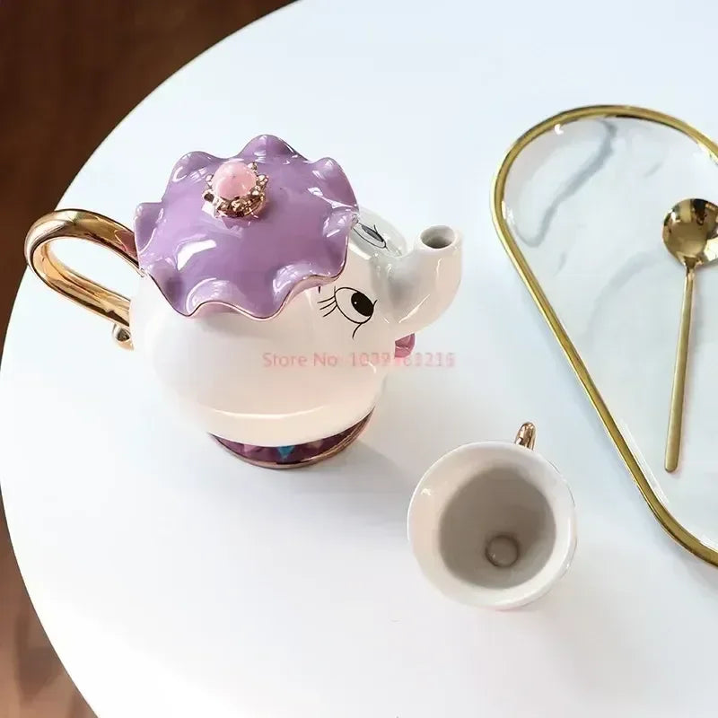 Disney Teapot Cute Cartoon Beauty And The Beast Coffee Pots Mug Mrs Potts Chip Cup Tea Cup Pots One Tea Set Droshipping Desk Gif