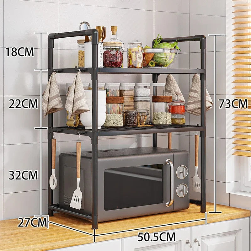Kitchen Storage Rack Shelf Organizer for Microwave Oven Toaster Spice Bottles with Hooks Adjustable Stand for Home Dining Room