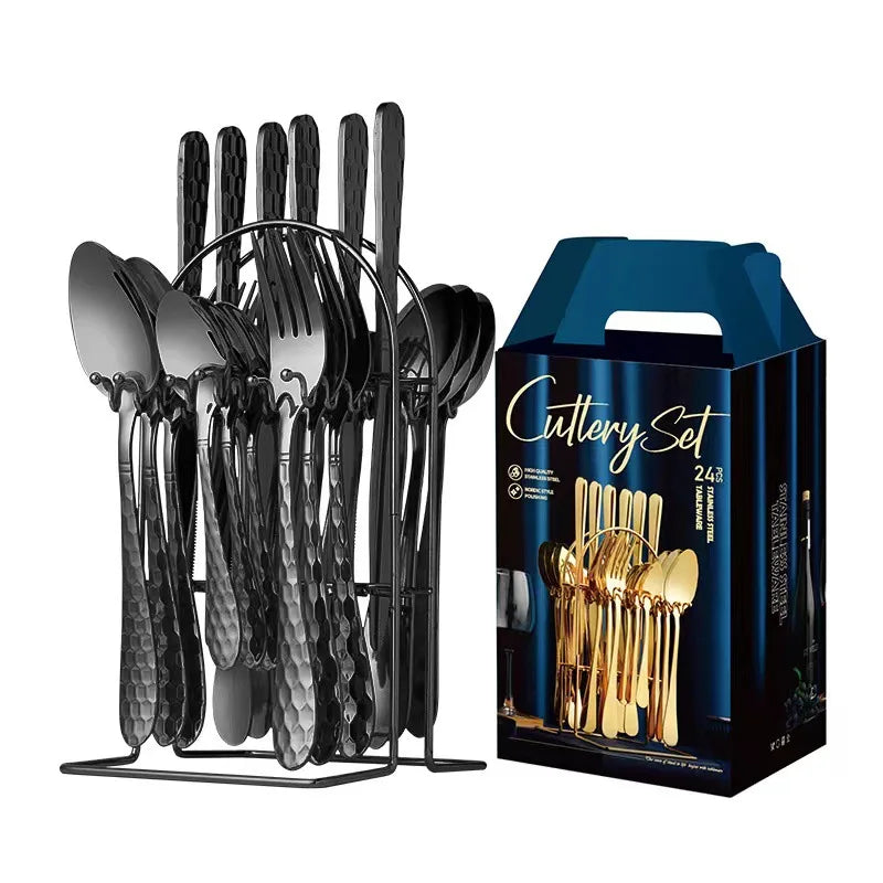 24 Pcs Stainless Steel Cutlery Hammer Pattern Ceramic Handle Knife Fork Spoon Set cutlery set travel cutlery set flatware set