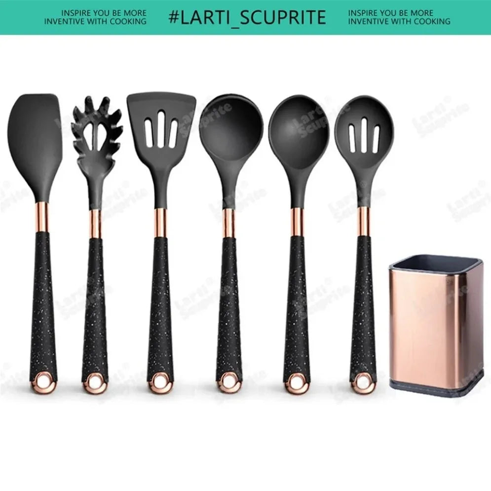 Gold Plated Handle Silicone Cooking Utensils Set Kitchen Non-stick Tool Gadgets BPA FREE Kitchenware Heat Resistant Spatula Set