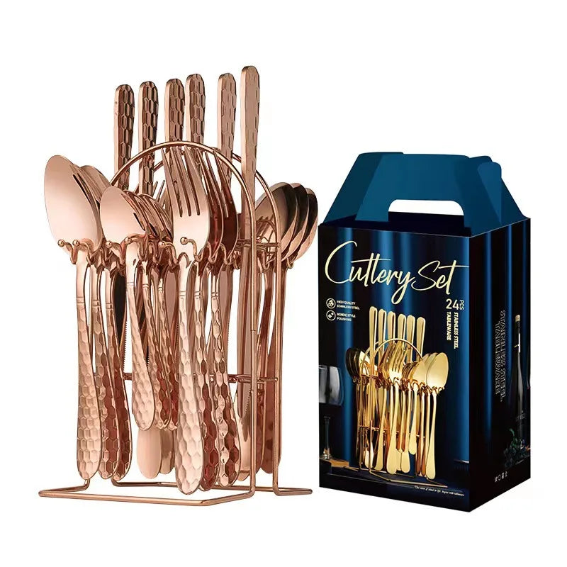 24 Pcs Stainless Steel Cutlery Hammer Pattern Ceramic Handle Knife Fork Spoon Set cutlery set travel cutlery set flatware set
