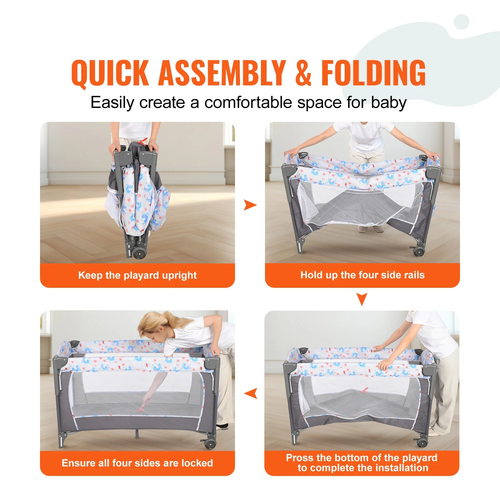 SucceBuy Baby Bassinet 77 pounds Load Capacity Easy to Fold Portable Bassinet Bedside Sleeper with Storage Basket and Wheels
