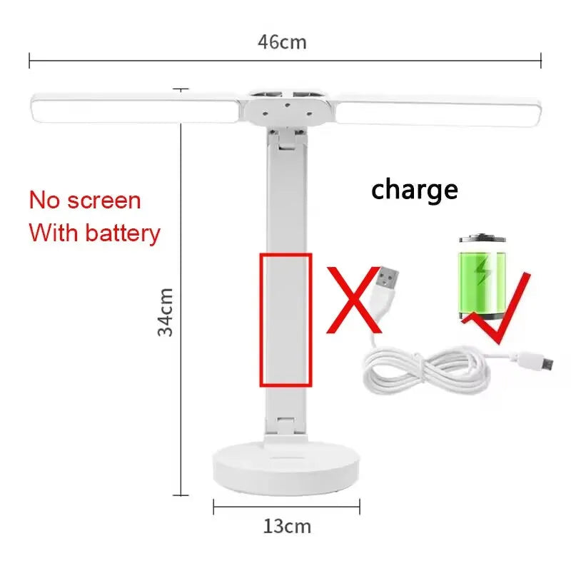 LED Table Lamp USB Chargeable Dimmable Clock Desk Lamps 2 Heads 180 Rotate Foldable Eye Protection Desktop Reading Night Lights