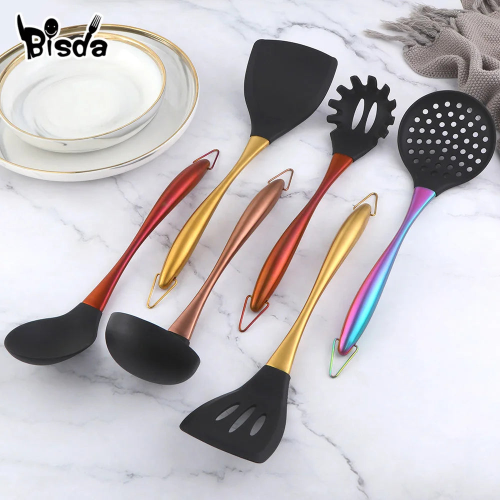 1-7PCS Cooking Tools Set Soup Scoop Slotted Spoon Turner Ladle Stainless Steel with Silicone Head Hanging Kitchen Server Pot