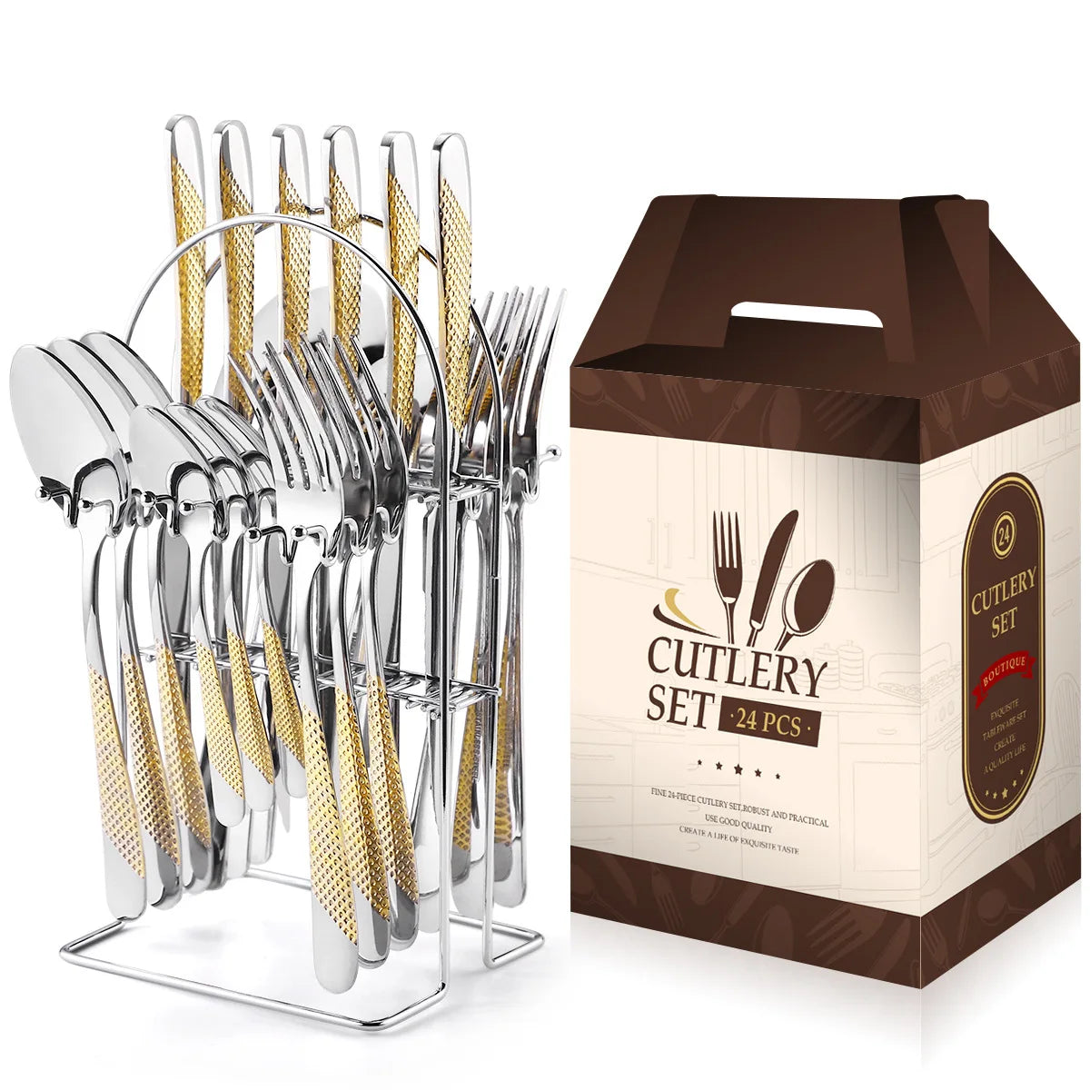 24 Pcs Stainless Steel Cutlery Hammer Pattern Ceramic Handle Knife Fork Spoon Set cutlery set travel cutlery set flatware set