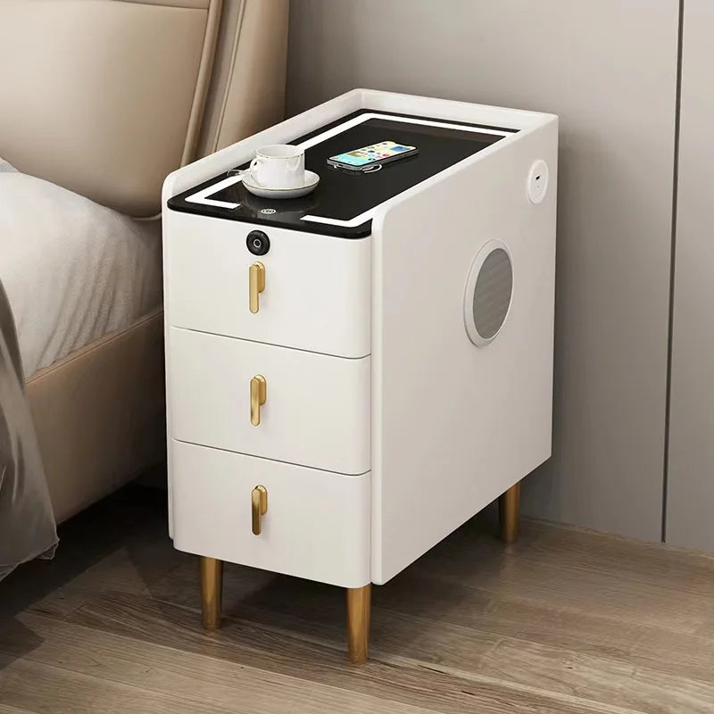 Nordic Style Intelligent Solid Wood Bedside Table Faux Leather 3 Drawers Nightstands with Wireless Charging Side Storage Cabinet